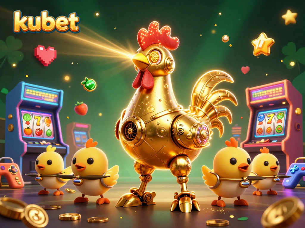 Experience kubet's exciting slots with a golden rooster robot and baby chick drones in a vibrant scene.