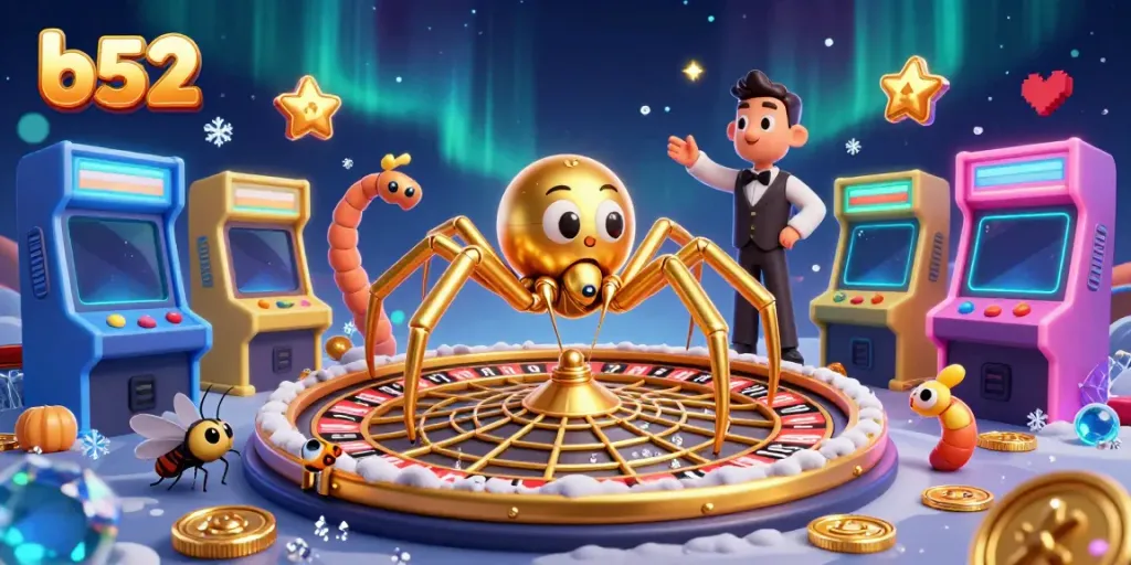 Experience thrilling bets at b52 with a 3D spider and croupier in a dynamic casino scene.