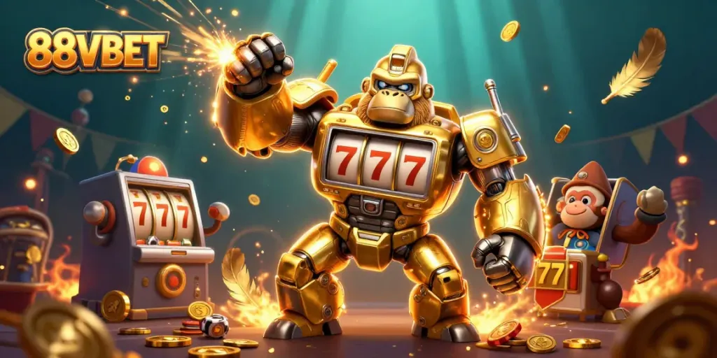 Engage with vibrant 88VBET gaming atmosphere featuring a golden gorilla mech bursting with coins.