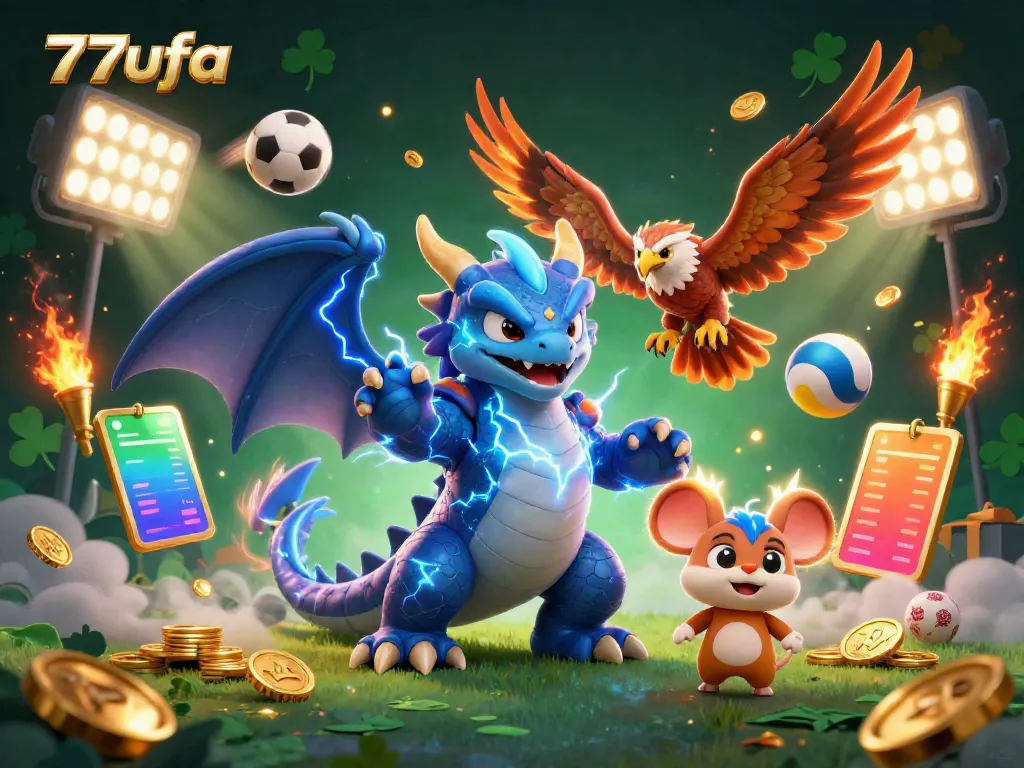 Engage with the thrilling energy of 77ufa, showcasing dynamic sports elements amidst electrifying cartoon characters.