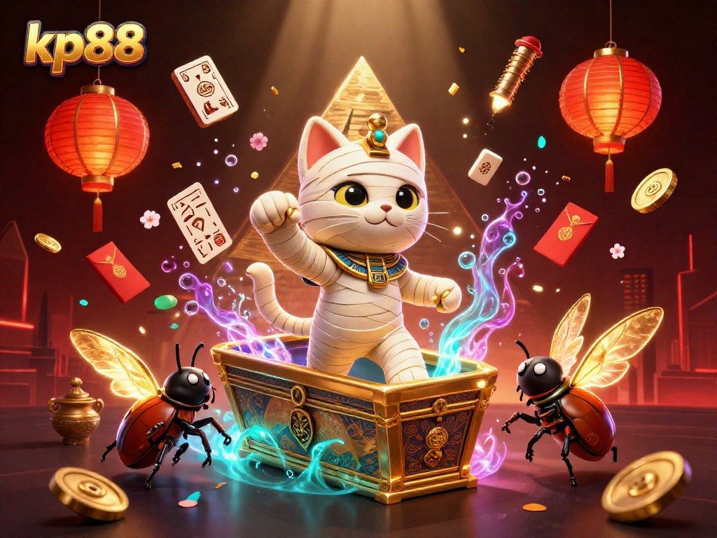 Join the excitement at kp88 with a vibrant 3D scene showcasing a mummy cat in a casino adventure.