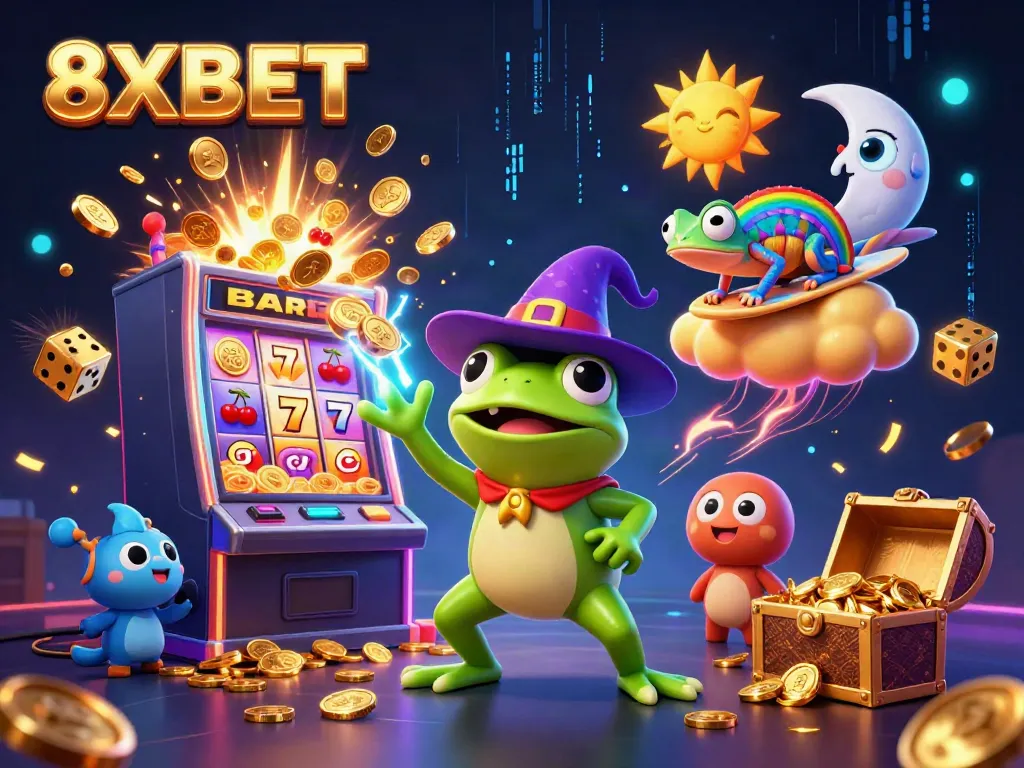 Engage with 8XBET as a vibrant 3D casino scene emphasizes excitement and winning potential.