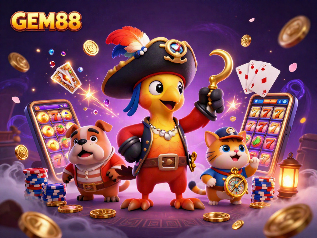 Experience GEM88's thrilling slot gameplay with vibrant characters and cascading coins in this dynamic 3D illustration.
