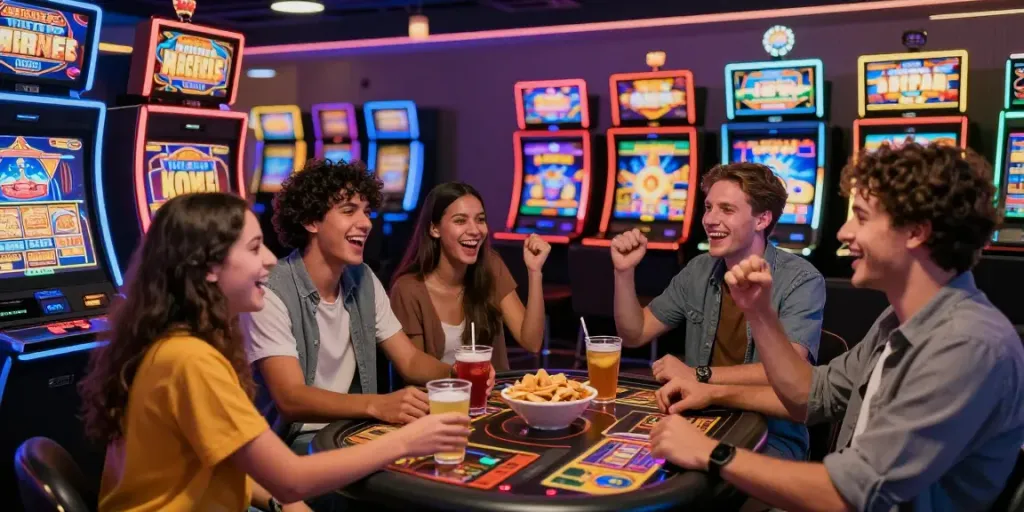 Group of friends enjoying slot games in a lively casino atmosphere