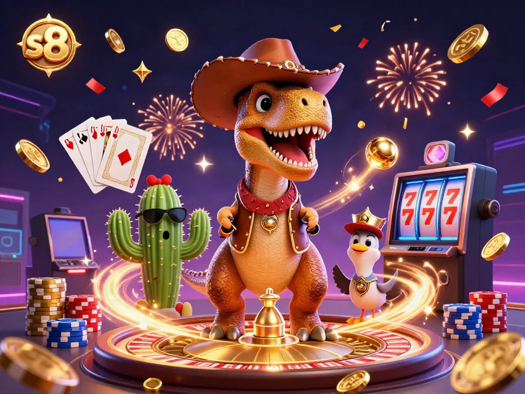 Exciting s8 gaming scene with T-Rex cowboy, cactus sidekick, and roadrunner, surrounded by casino elements.