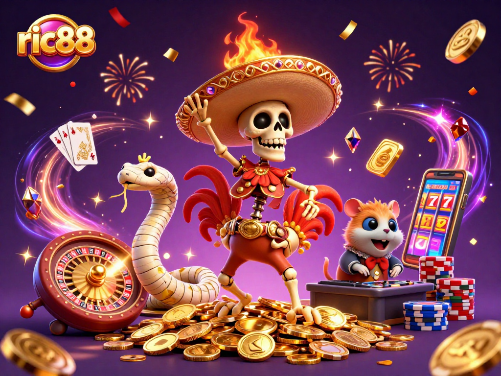 Celebrate winning moments with ric88 featuring a skeleton mariachi rooster dancing on gold.
