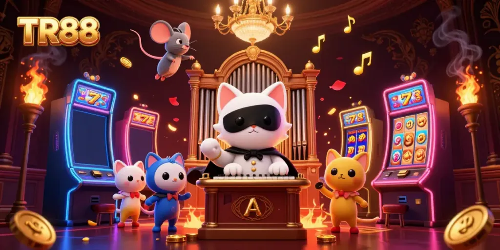 Spinning slots and a masked cat at TR88 casino, enticing gameplay visuals.