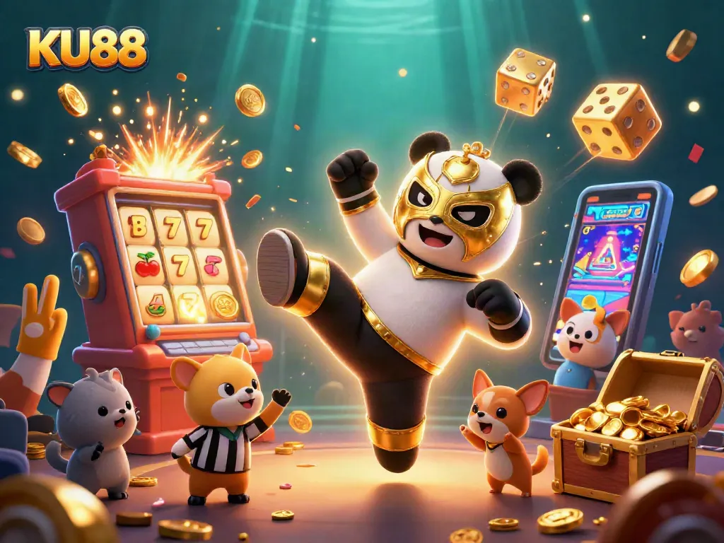 Experience the excitement of KU88 with a dynamic scene of gaming action, featuring a panda wrestler and vibrant casino elements.