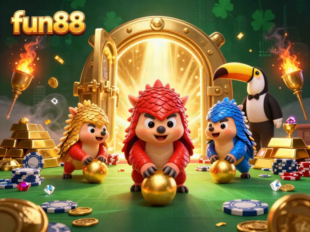 Experience the thrill of fun88 with this lively 3D illustration showcasing competitive pangolins amidst golden treasures.