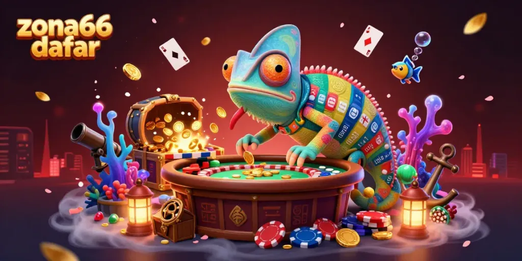Engage with zona66 daftar for online gaming excitement with casino-themed treasure illustrations.