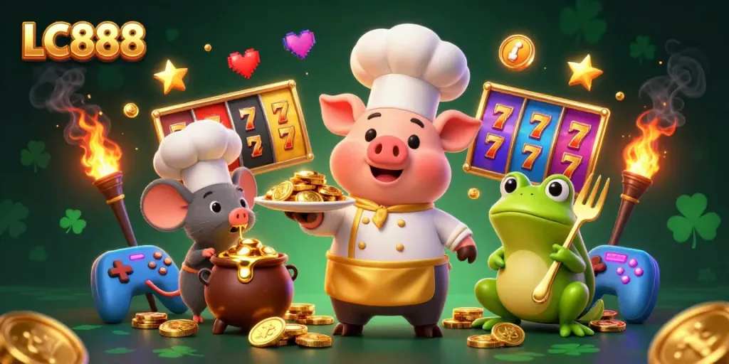 Experience thrilling gameplay at LC888 with vibrant slot reels, gold coins, and dynamic casino elements.