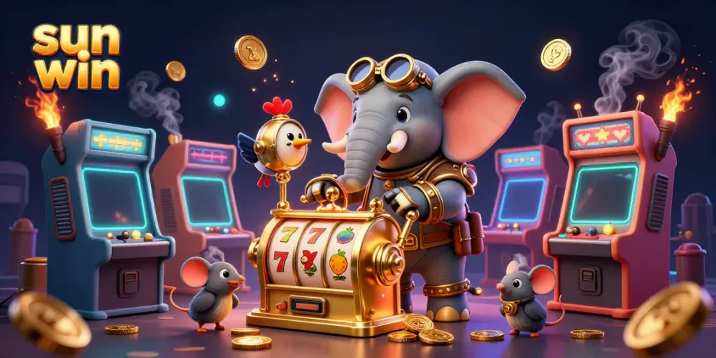 Experience the thrilling action of Sun Win with a steampunk elephant engineer, operating a golden slot machine.