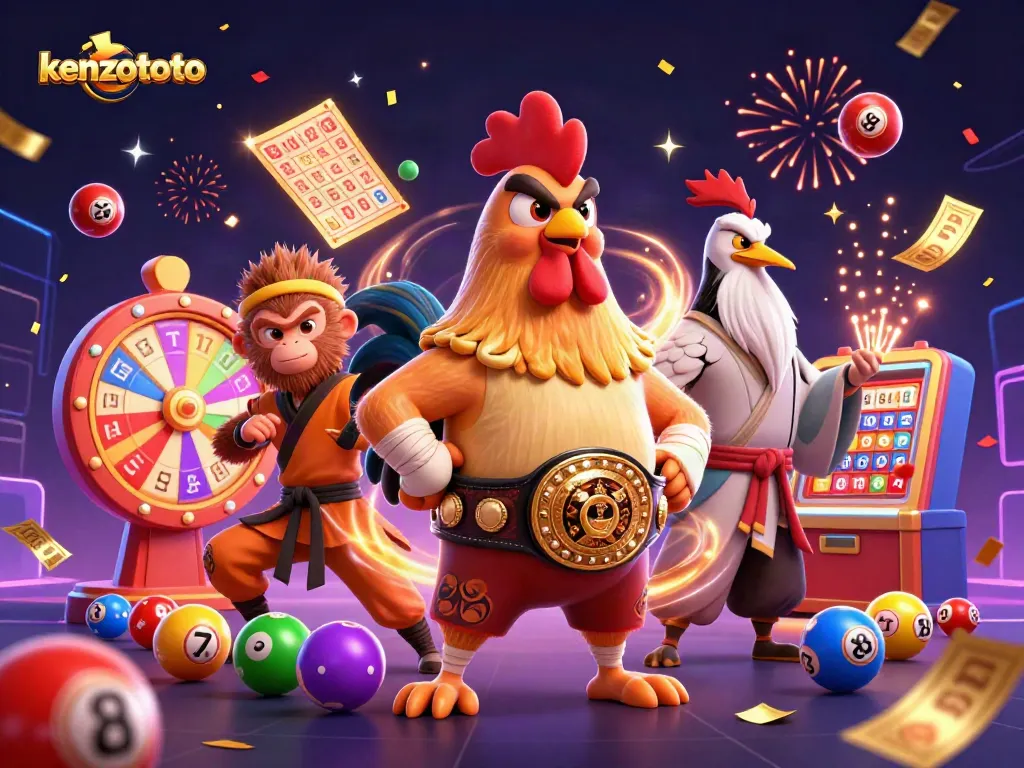 Experience thrilling gameplay at kenzototo with a dynamic 3D casino illustration featuring vibrant game elements.
