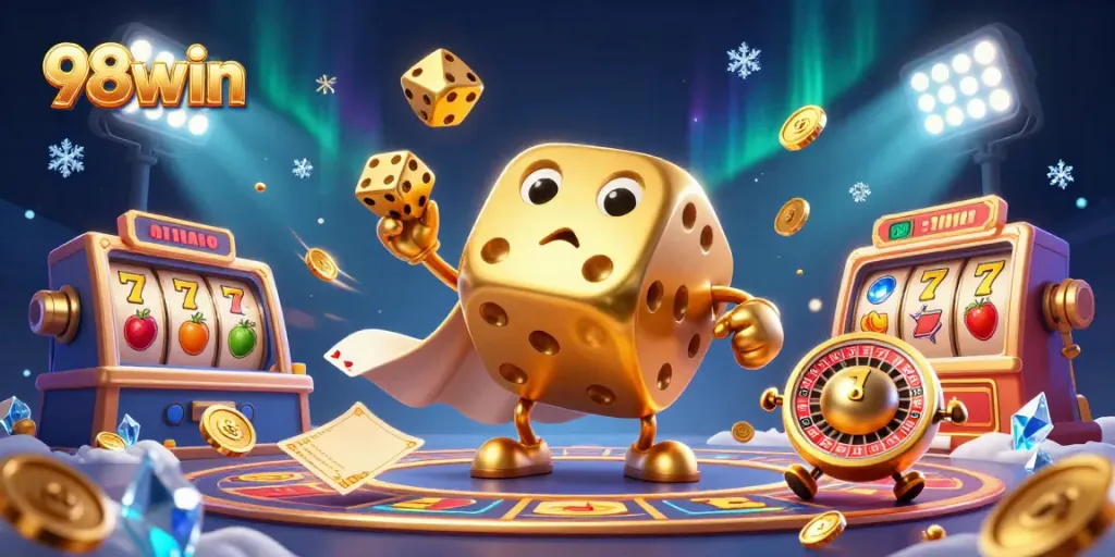Experience exhilarating gameplay with 98win's vibrant casino atmosphere featuring golden dice, slots, and jackpots.