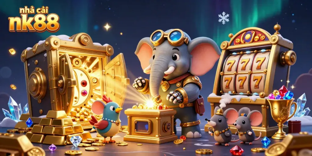 Engaging scene featuring nhà cái nk88 with a steampunk elephant at a vibrant golden slot machine.