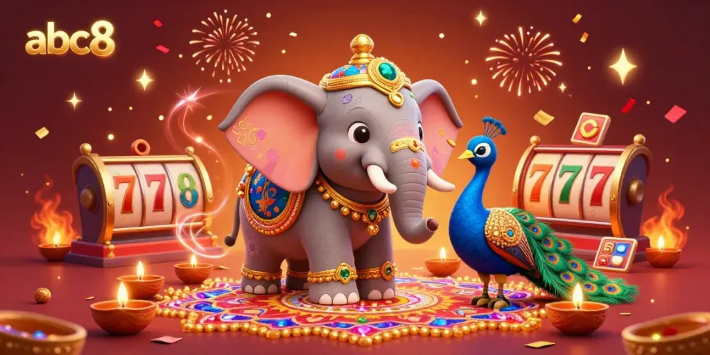 Experience the excitement at abc8 with a vibrant 3D casino celebration scene featuring a cartoon elephant and peacock.
