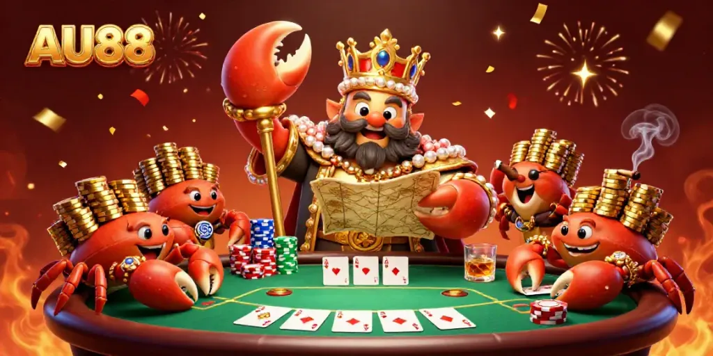 Unlock incredible winnings at AU88 with a vibrant 3D gaming scene featuring a golden crab emperor and poker elements.