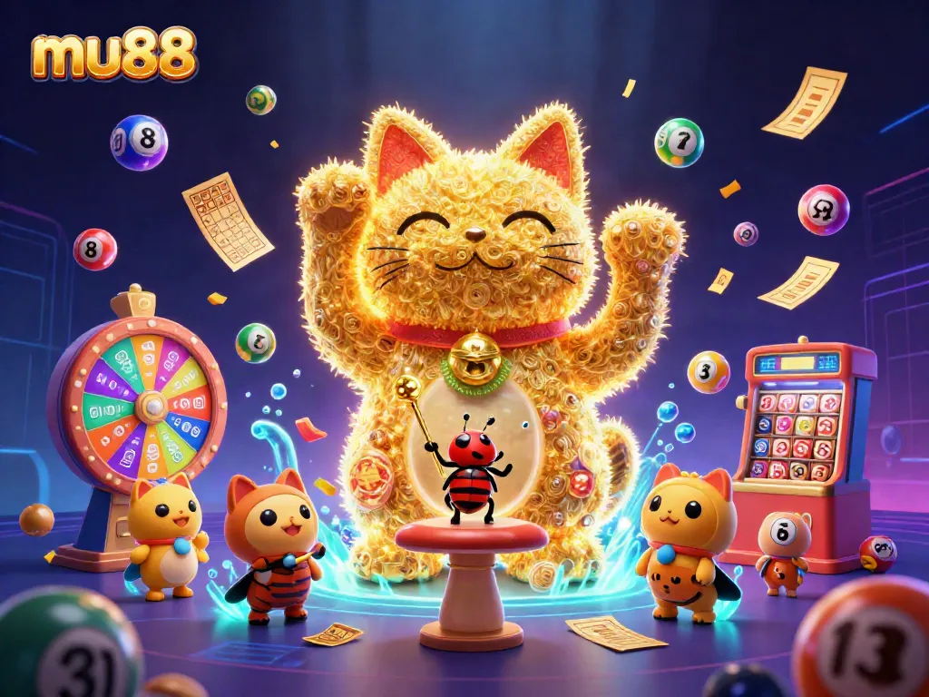 Experience mu88's vibrant casino world with a lucky cat made of golden fireflies surrounded by dynamic game elements.