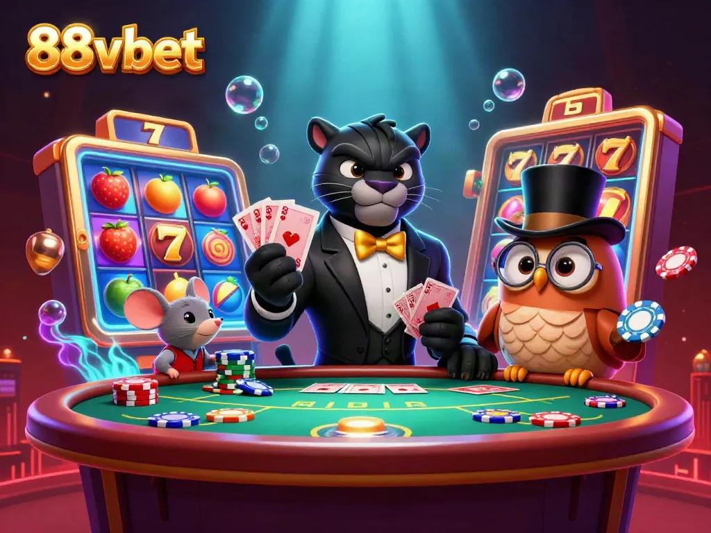 Celebrate winning moments at 88vbet with characters in a vibrant casino-themed illustration.