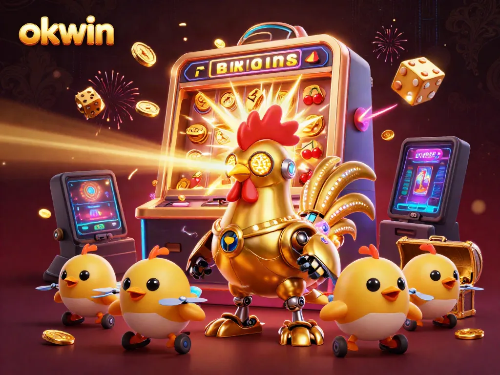 Experience high-energy gambling thrills with okwin's cartoonish jackpot explosion and dynamic characters.