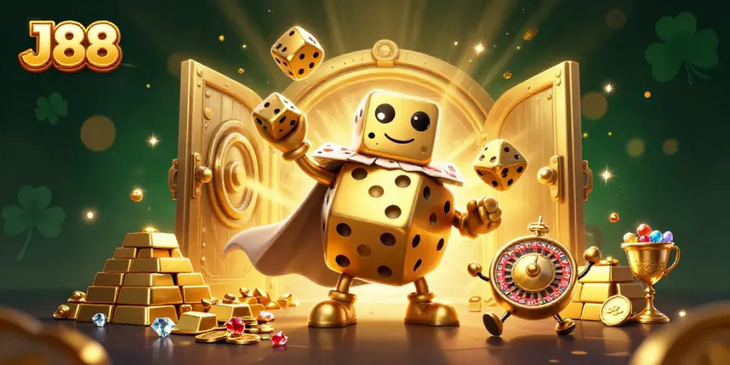 Engage with thrilling games at J88, showcasing a lively golden dice golem and treasure elements.