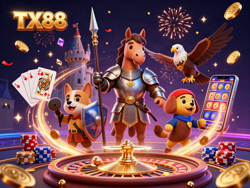 TX88 showcases a knight, squire, and falcon in a vibrant casino scene full of winning elements.