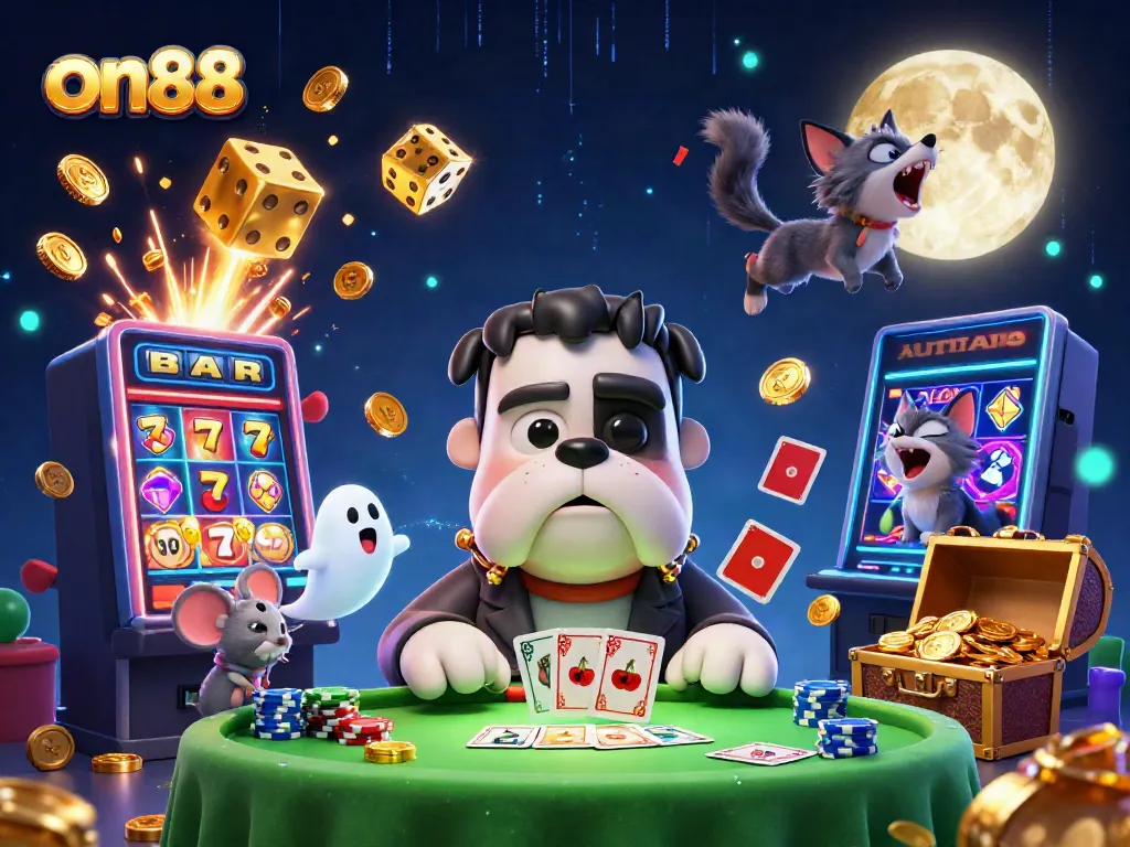 Experience the thrilling atmosphere of on88 with a colorful casino scene featuring unique characters and jackpot elements.