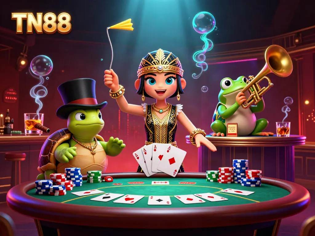 Experience TN88's unique gambling vibe with lively 3D casino characters and poker elements.