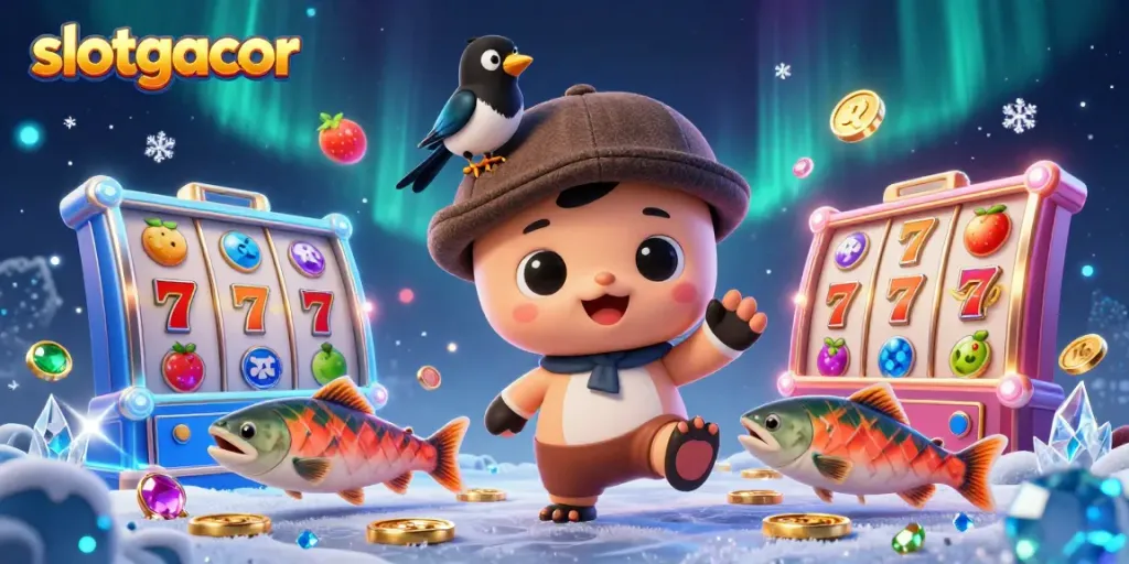 Spin to win with slotgacor as cartoon characters engage in colorful slot machine fun.