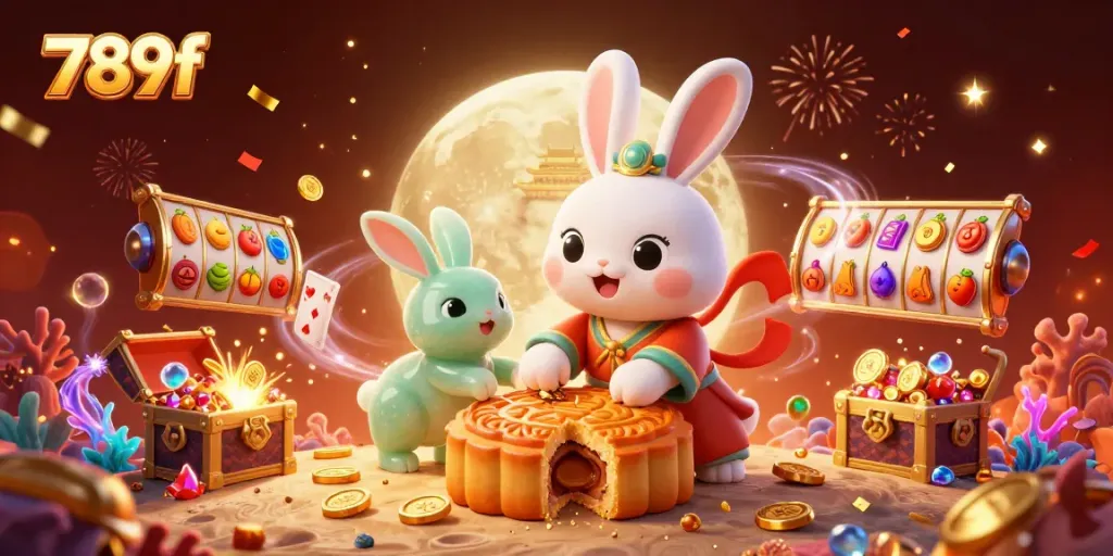 Experience the thrill of 789f as illustrated with a moon rabbit and vibrant casino elements.