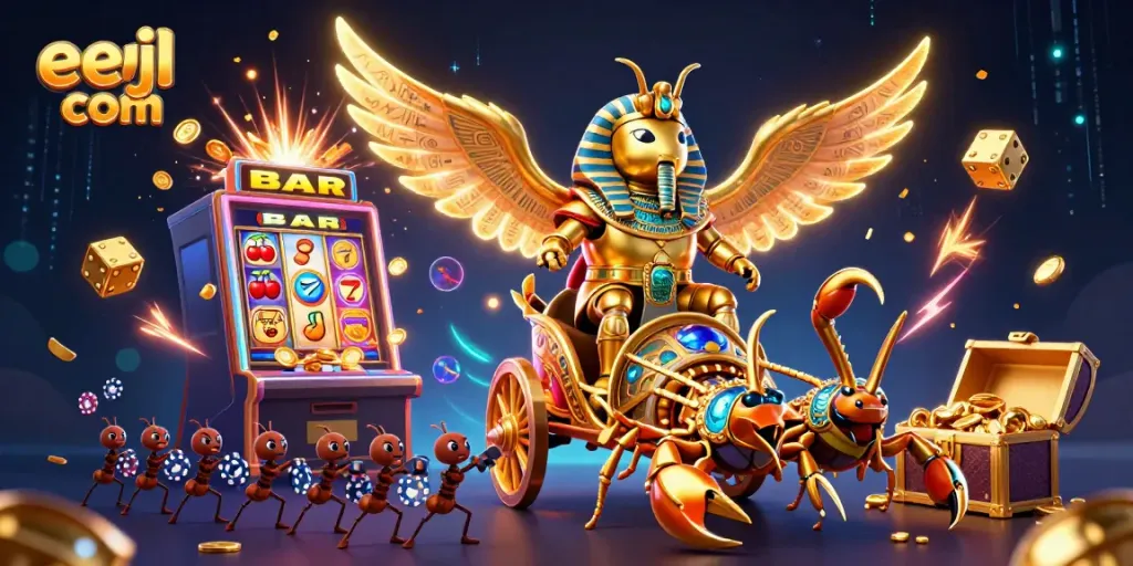 Experience eejl com's vibrant casino world with a dynamic 3D illustration showcasing thrilling gaming elements.
