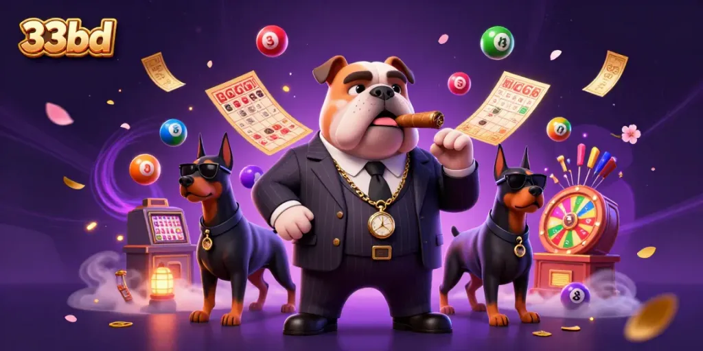 Engage with 33bd, featuring a dynamic casino scene with a mafia bulldog and lottery elements.