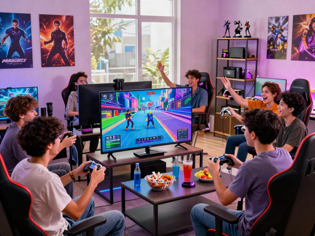 Group enjoying gaming experience with warung168 merchandise and vibrant setup