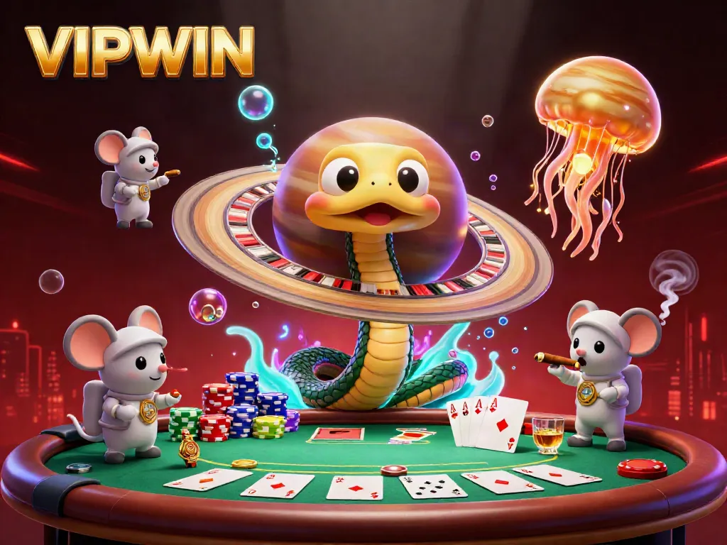 VIPWIN showcases a vibrant 3D casino scene with unique elements and engaging characters, emphasizing excitement and strategic betting.