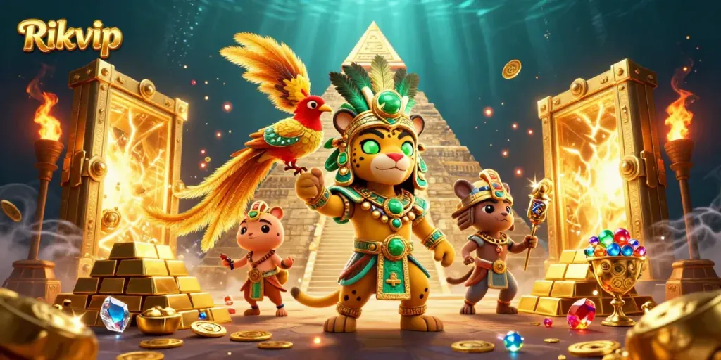 Rikvip offers thrilling casino adventures with a 3D Mayan priest, golden treasures, and vibrant gems.