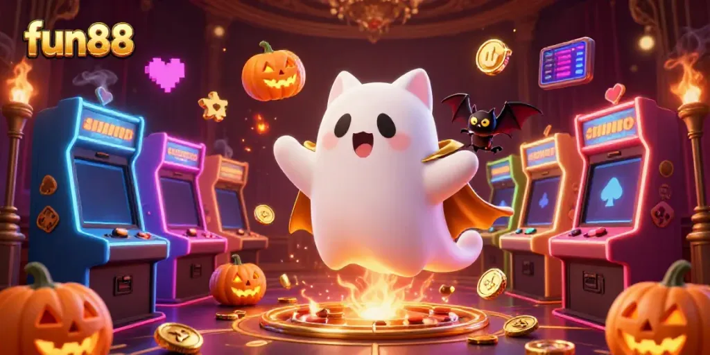 Experience the excitement of fun88 with a ghost cat and bat in a dazzling casino setting.
