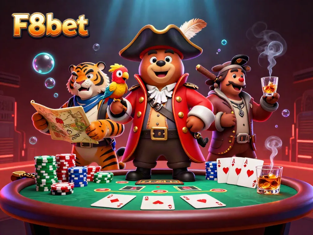 Experience thrilling poker action with F8bet in an ultra-detailed 3D scene featuring a pirate bear and vivid casino elements.