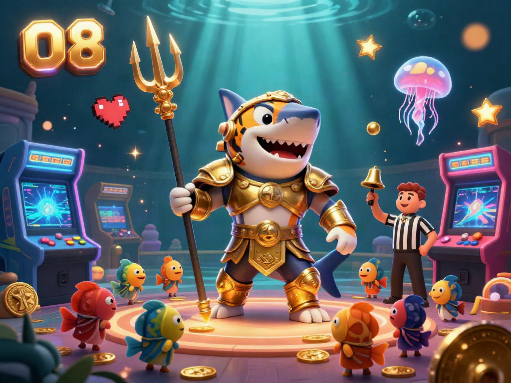 Experience the thrill of O8 with a tiger shark gladiator in an exciting underwater casino scene.