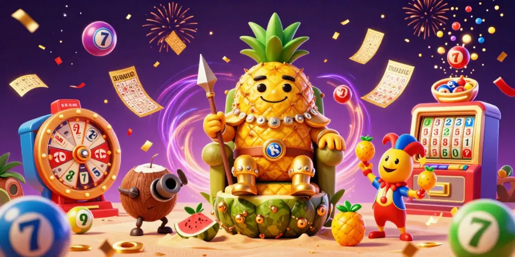Engage with excitement at 13win's vibrant casino scene featuring a golden pineapple king, dynamic games, and colorful lottery balls.