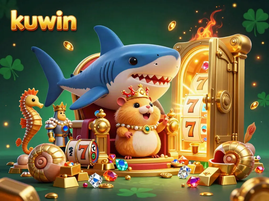 Kuwin jackpot gaming scene with a hamster king on a throne of megalodon teeth surrounded by treasure.
