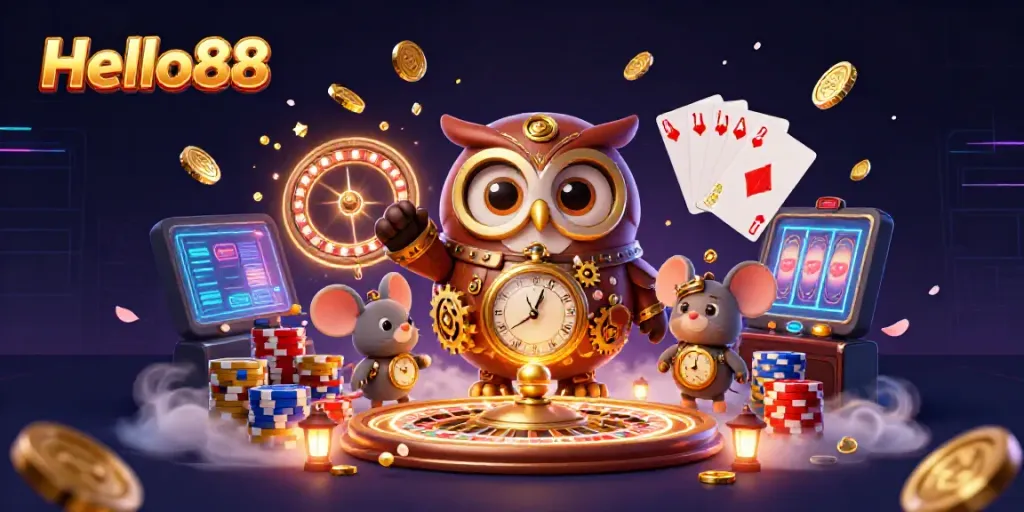 Hello88 captivates players with a vibrant casino scene, featuring a steampunk owl amidst flying coins and roulette wheels.