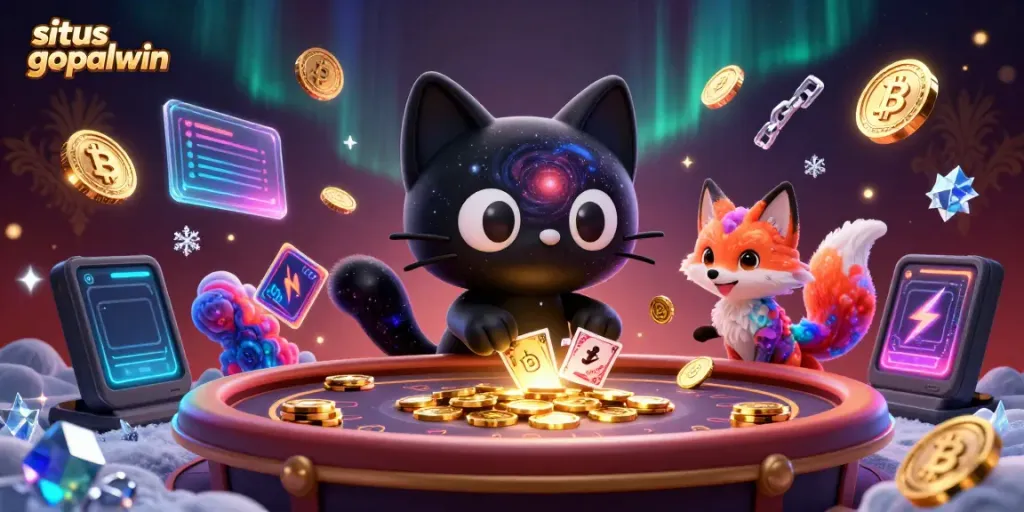 Experience thrilling gaming action with situs gopalwin featuring a playful 3D cat at a cosmic casino table.