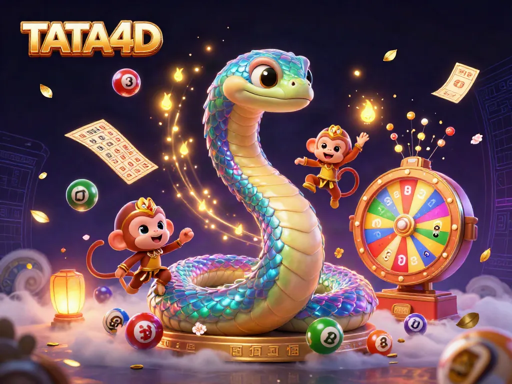 TATA4D engages players with vibrant lottery thrills depicted in a colorful 3D casino scene, showcasing dynamic elements.