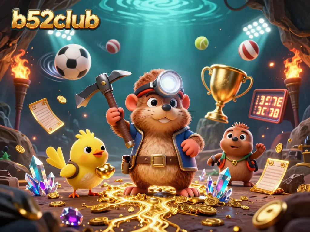 Winning at b52club with a treasure hunter mole and dynamic sports elements in a vibrant casino scene.
