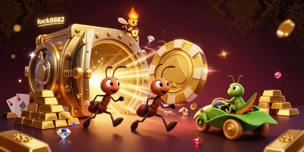 Engage with luck8882's thrilling atmosphere featuring a heist scene with cartoon ants and golden poker chips.