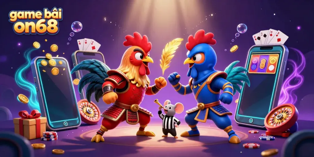Engage in thrilling game bài on68 as two 3D cartoon roosters battle in a colorful casino environment.