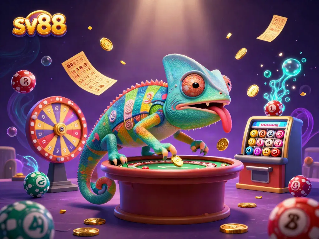Engage in a dynamic SV88 casino experience with vibrant lottery and gaming elements swirling around.