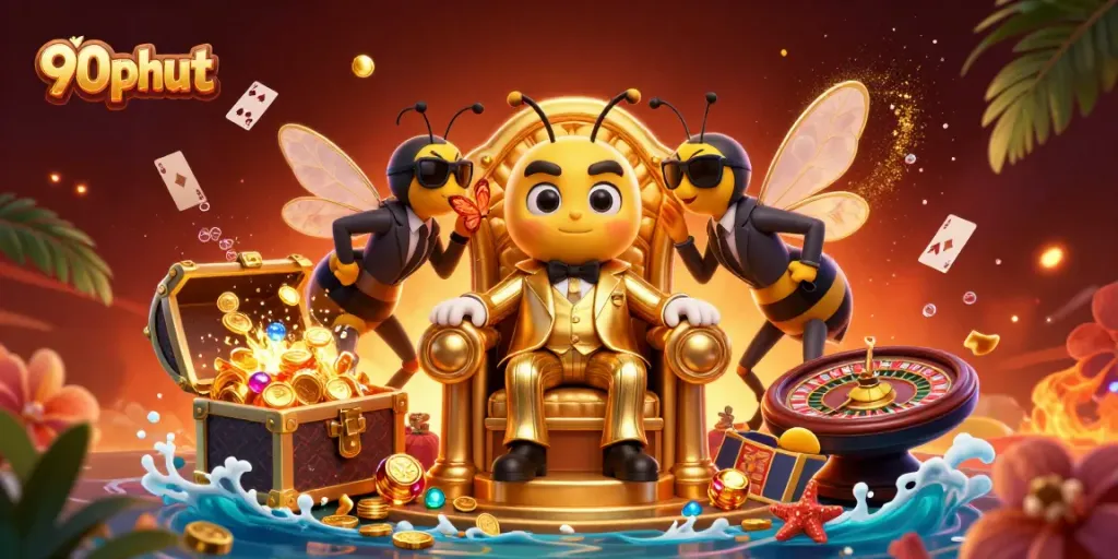 Engage in 90phut gaming action highlighted by a bumblebee mob boss amidst vibrant casino-themed visuals.