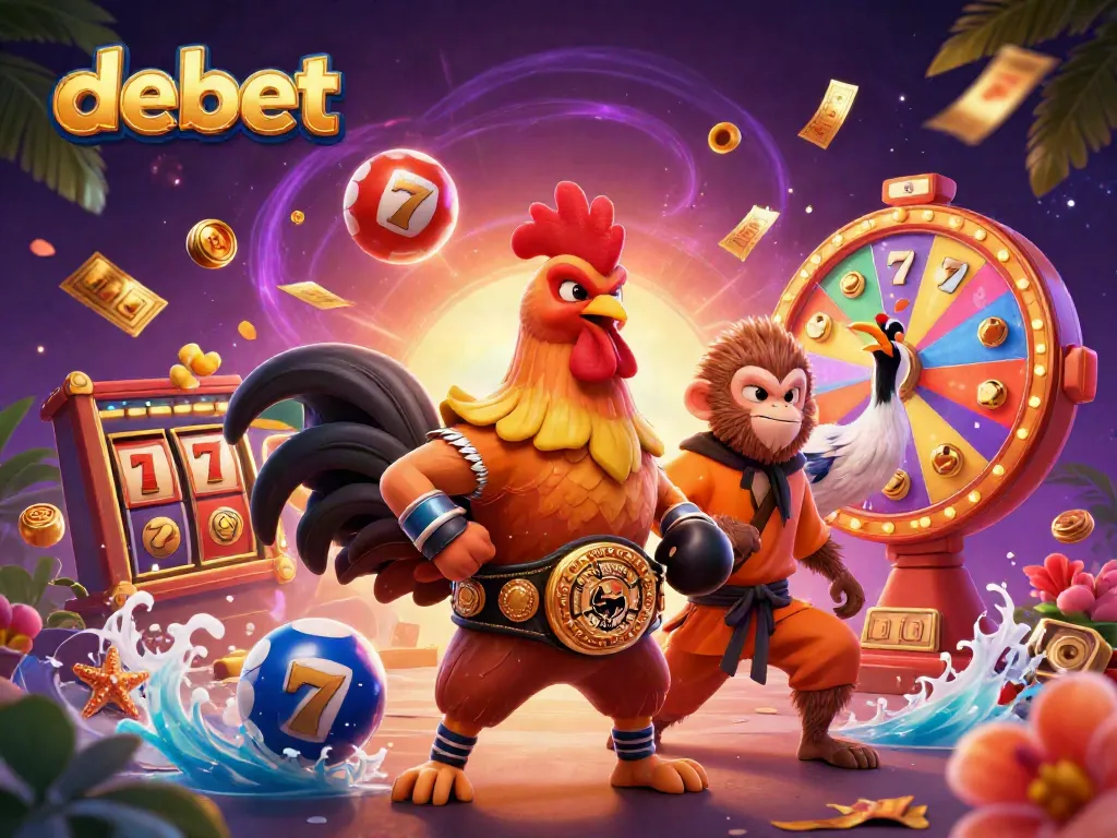 Experience the excitement of debet with a vibrant scene showcasing gaming characters, slot elements, and dynamic action.