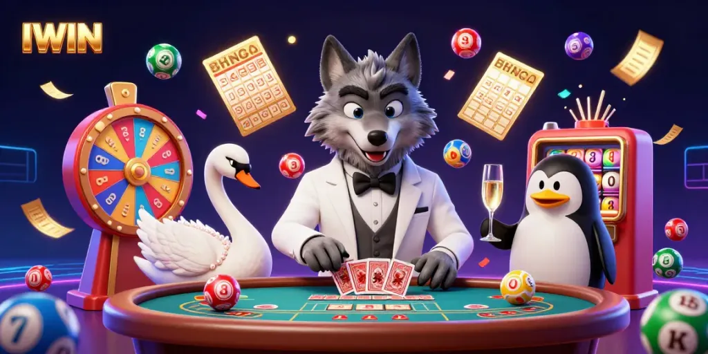 Win big at IWIN with a vibrant scene featuring a wolf, swan, and penguin at a baccarat table.